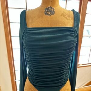 Free People Women’s Emerald Green Ruched Square Neck Long Sleeve Bodysuit